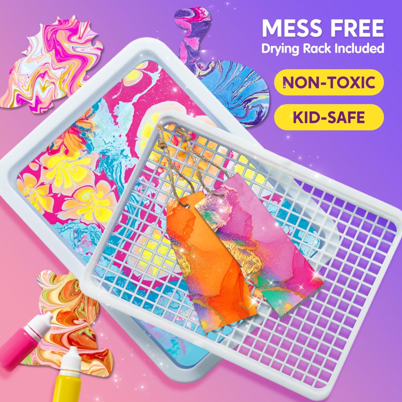Kids Marbling Art & Craft Kit with 7 Paint Colors, Water Paint Set, Paper & Tools