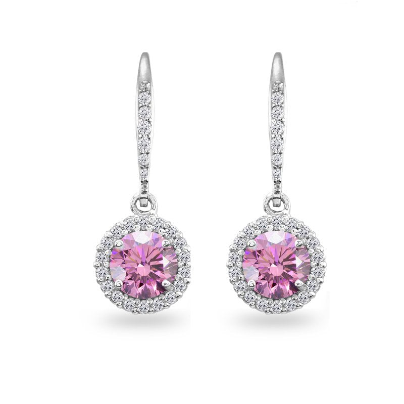 Sterling Silver Pink Halo Dangle Earrings with Swarovski Crystals