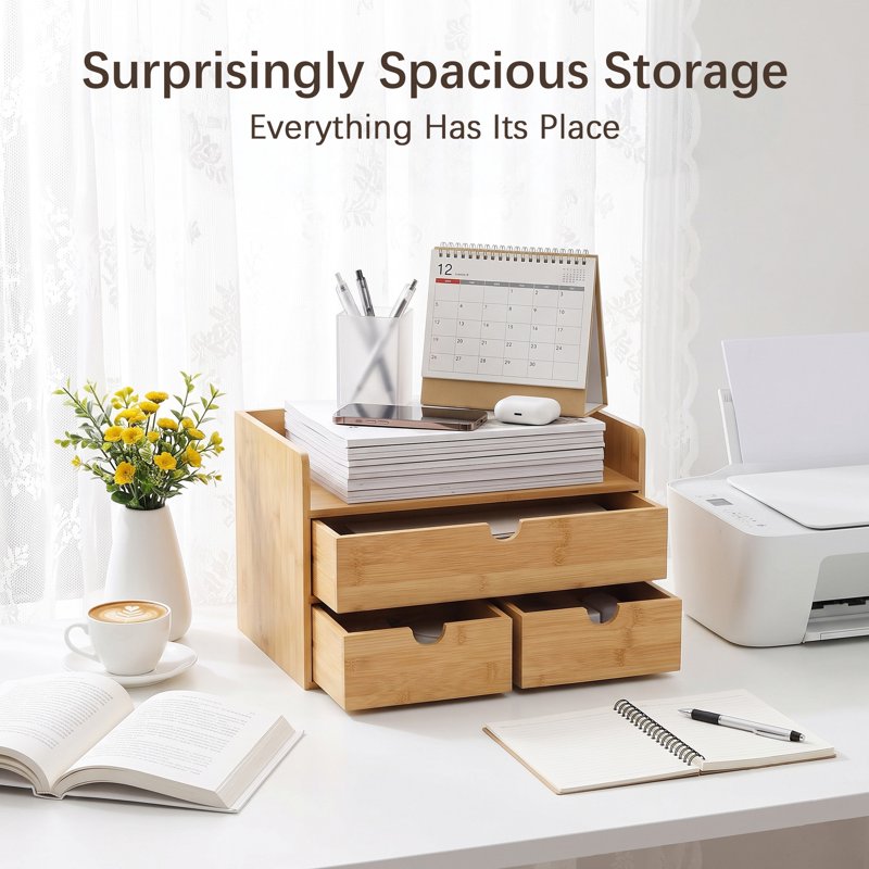 Bamboo Desk Organizer with 3 or 2 Drawers for Office Supplies & Makeup Accessories
