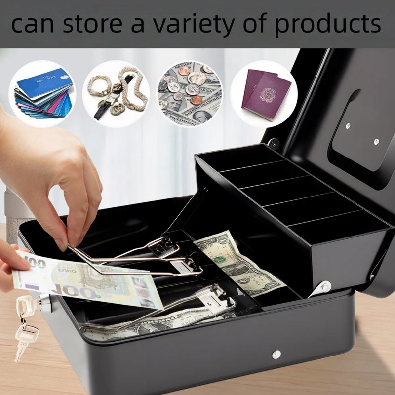 Large Locking Cash Box with Money Tray, 2-Layer Steel Safe for Cash, 11.8x9.4x3.5 inches