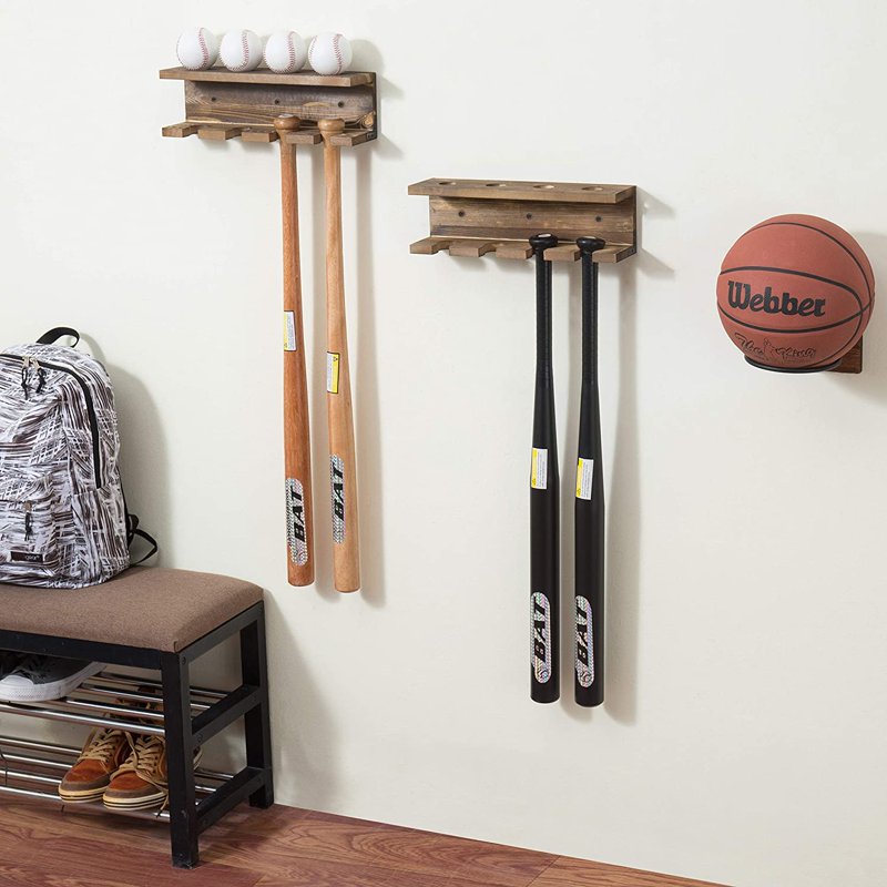 Wall-Mounted Baseball Bat Rack with Ball Storage Shelf - Rustic Burnt Wood