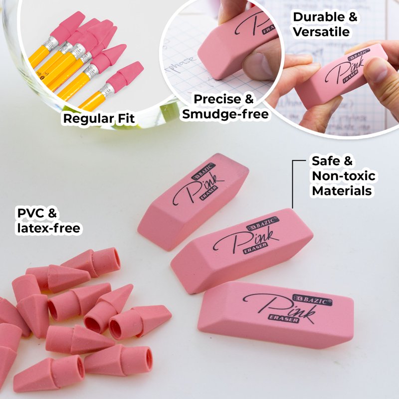 Pink Erasers & Pencil Top Caps Set - Latex-Free Classroom Supplies