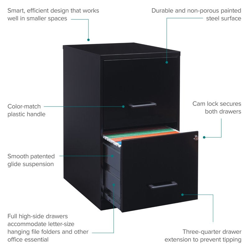 18-Inch Deep 2-Drawer Metal File Cabinet in Black for Office & Home