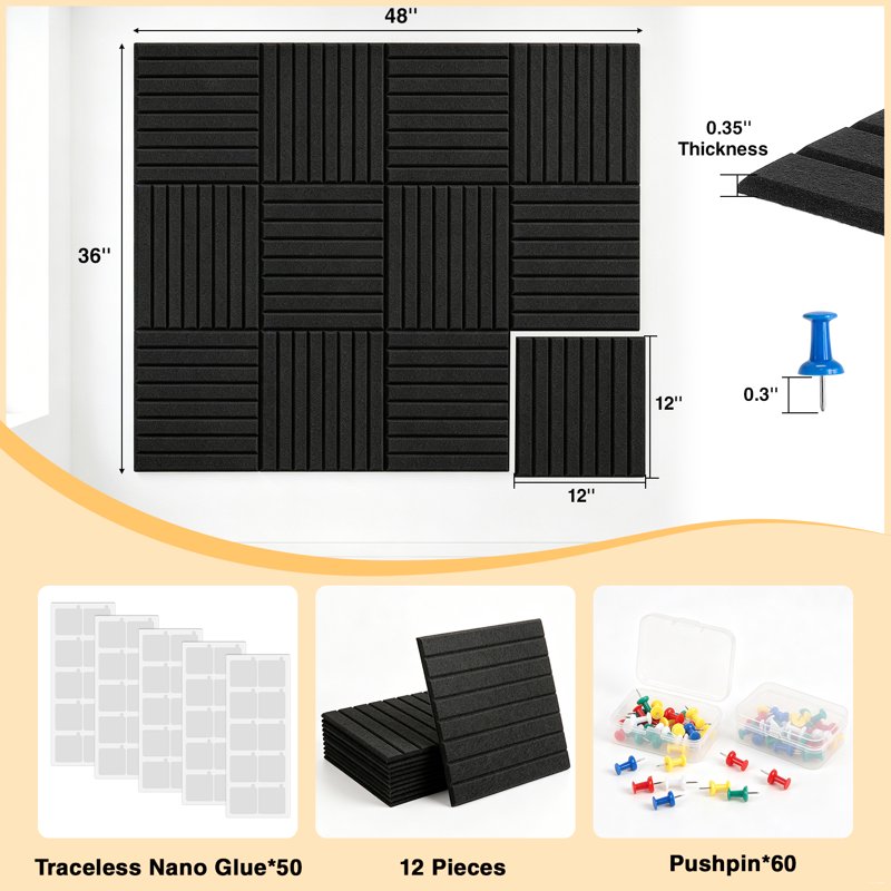 48-Inch x 36-Inch Felt Bulletin Board 12-Pack with Pushpins & Adhesive Tabs