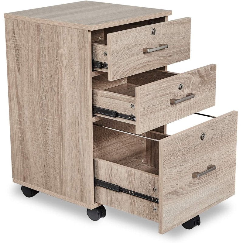 3-Drawer Mobile Wooden File Cabinet with Lock for Home Office or Business