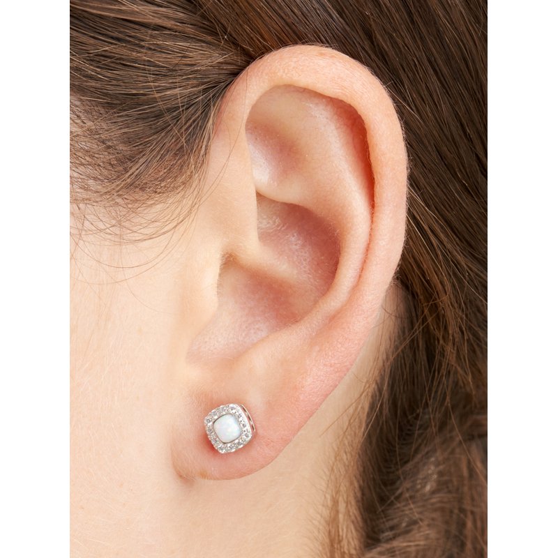 Women's Sterling Silver Created Opal and CZ Stud Earrings - Platinum Finish