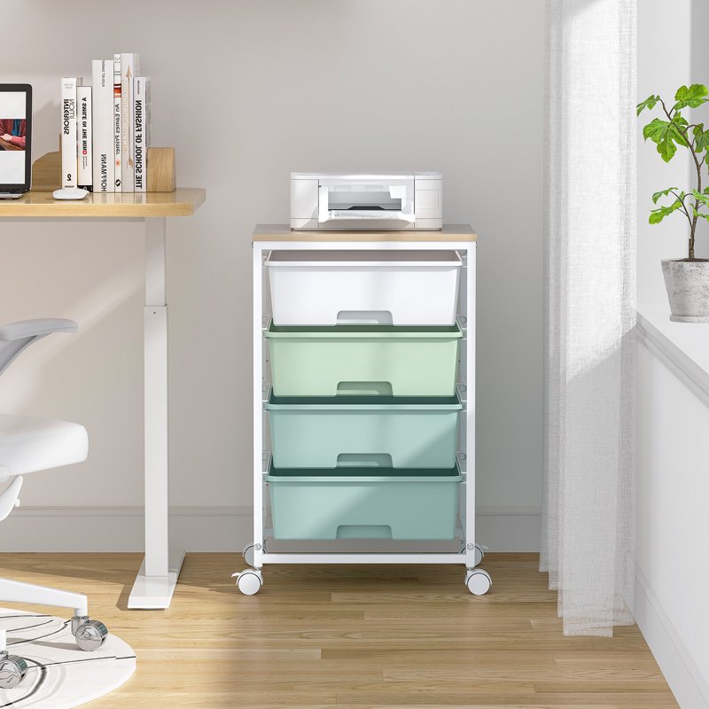 Rolling Storage Cart with 4 Drawers and Wooden Top - Multi-Purpose Organization