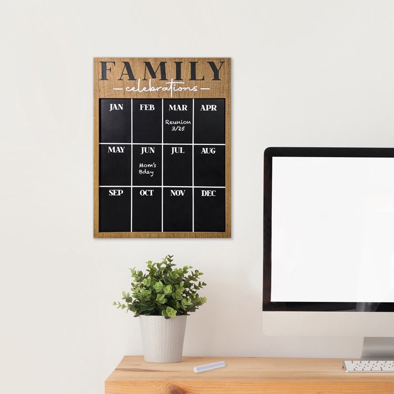 12x16 Inch Black Chalkboard Wall Calendar - Modern Wooden Family Organizer