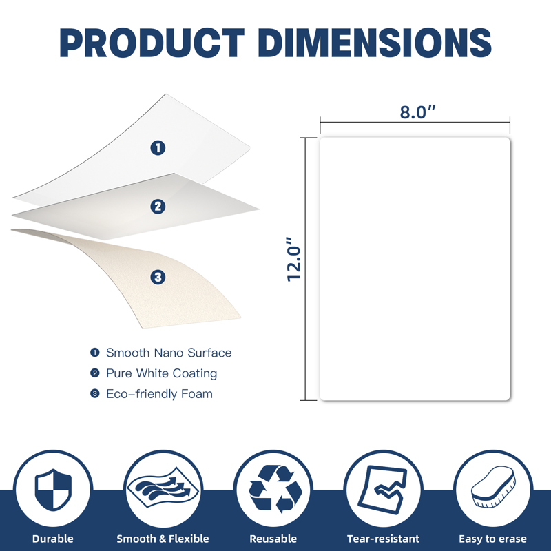 Reusable Dry Erase Sheets 12x8 Inches - Adhesive Whiteboard for Walls & Surfaces