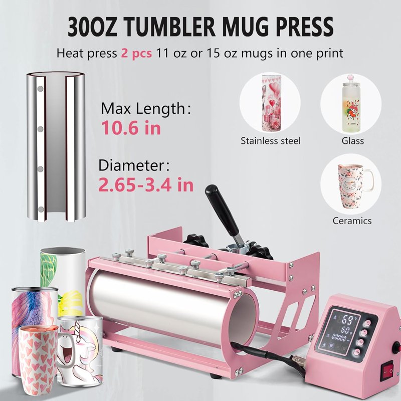 15x12 Inch Heat Press Machine for Sublimation T-Shirts Hats Mugs and Tumblers - 8-in-1 Pink