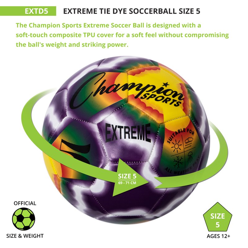 Champion Sports Extreme Stitched Soccer Ball – Size 5, Tie-Dye