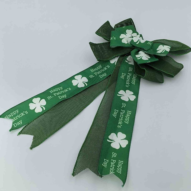 St Patrick's Day Bow for Wreath Decorations Large Burlap Green & White Glitter Shamrock