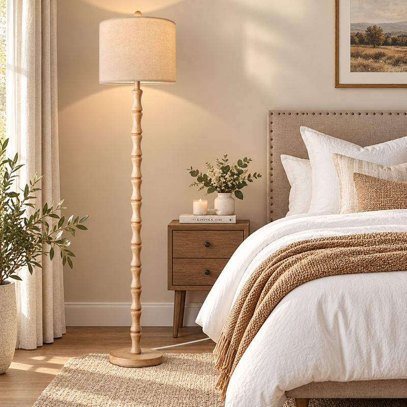 Farmhouse Floor Lamp Tall Standing Lamp for Living Room Bedroom Office Vintage Natural Wood Grain