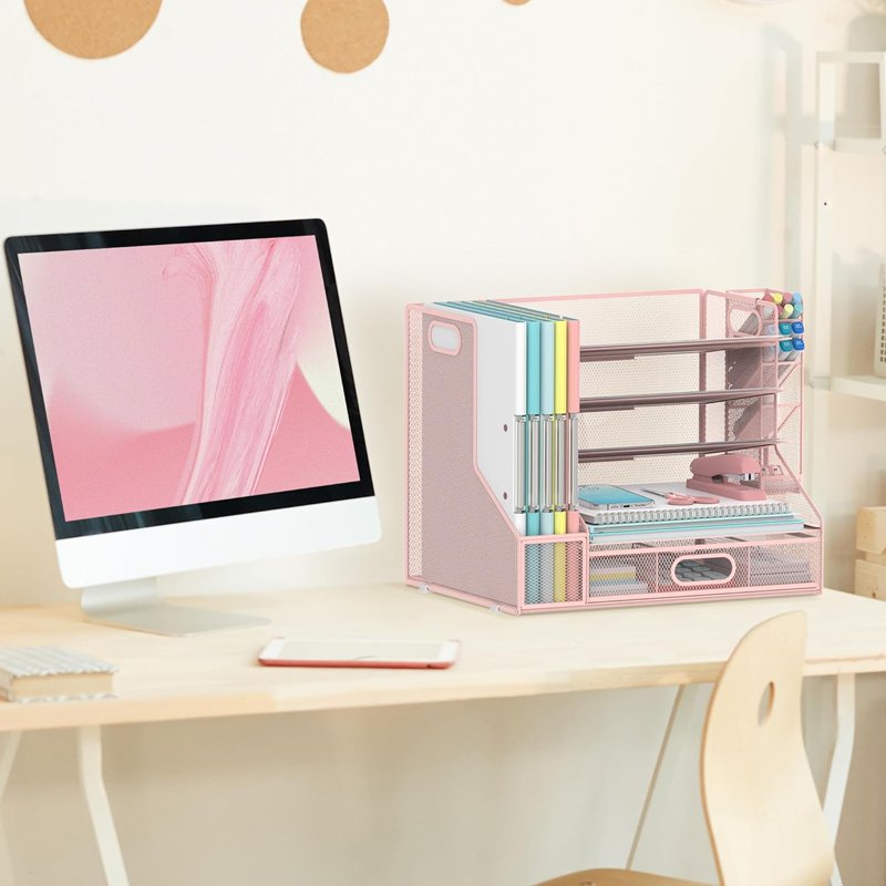 INTIGE 5-Tier Metal Desktop Organizer with Pink 1 Drawer, File Rack & Pen Holder