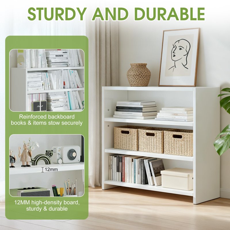 3-Tier Adjustable Open Bookcase White Storage Shelves for Home & Office
