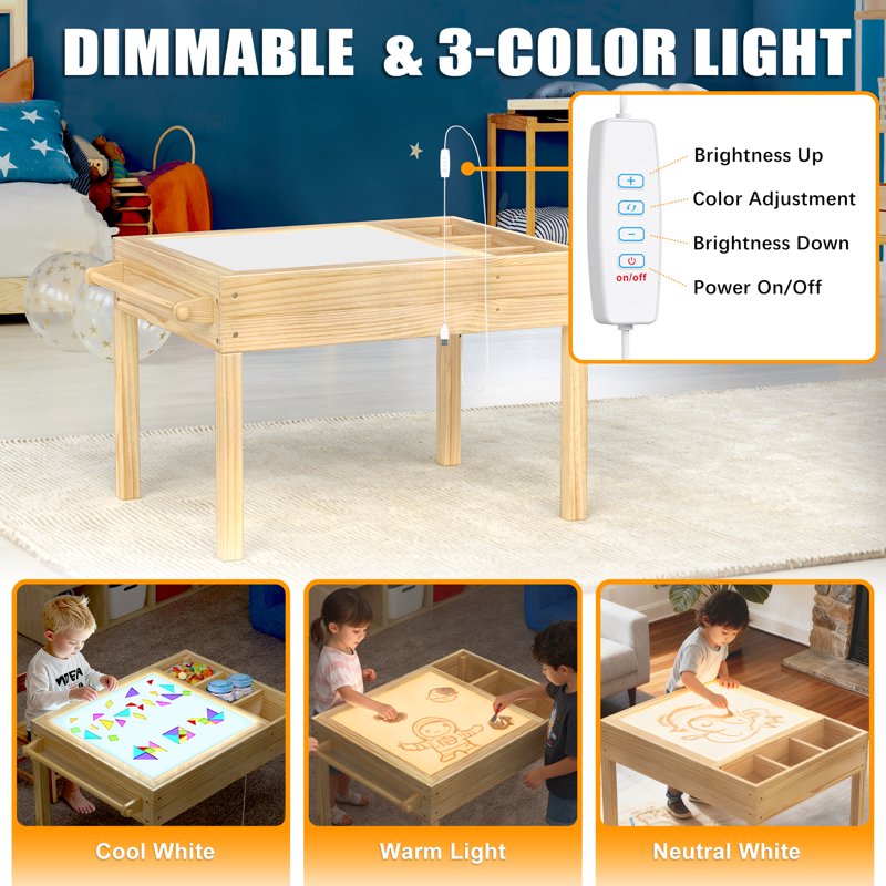 3-in-1 Kids Activity Table with LED Light, Building & Art Station, Storage