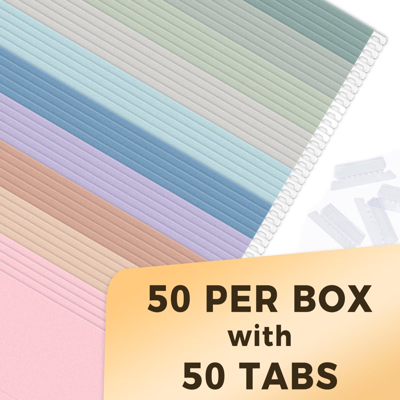 50 Pack Hanging File Folders with 1/5-Cut Tabs - Pastel Colors for Office & Home Organization