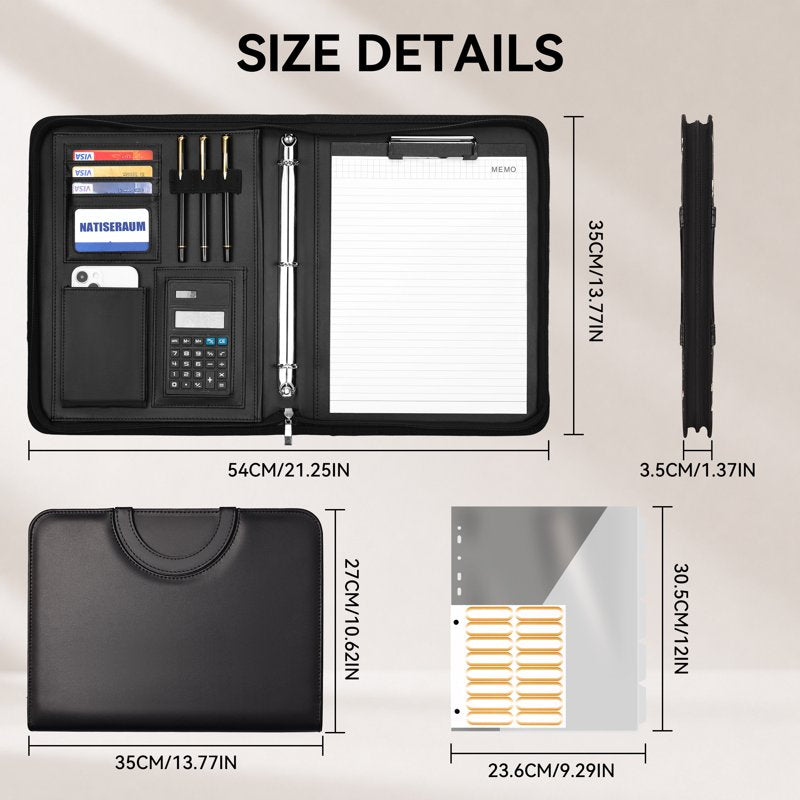 Black Leather Portfolio Binder with Zipper, 5 Dividers & Notepad - A4 3-Ring Organizer for Office & School