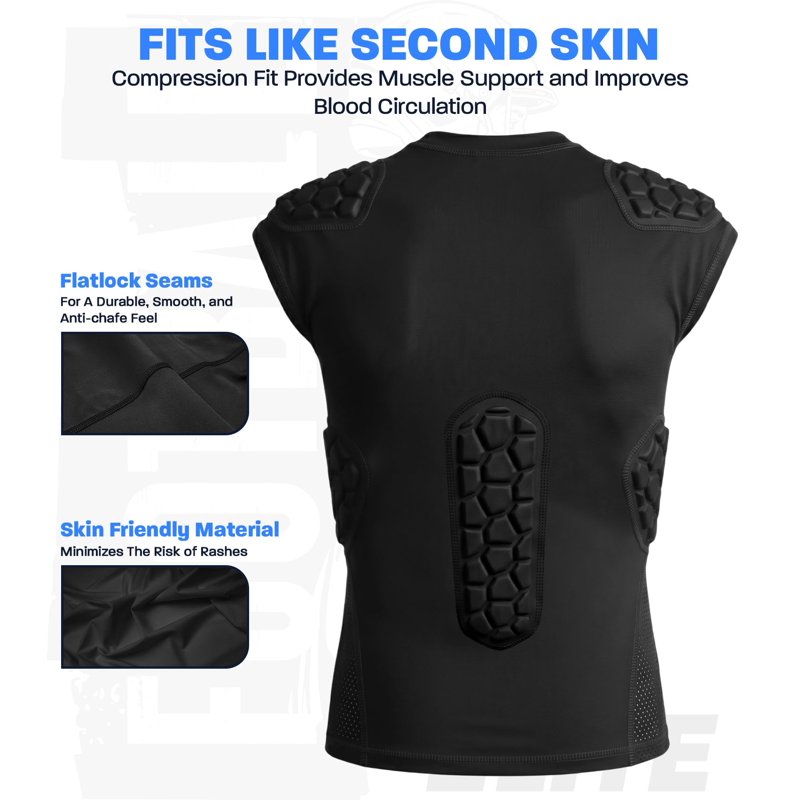 Adult Padded Football Shirt with Chest, Shoulder, Ribs & Spine Protection - Compression, Breathable & Flexible
