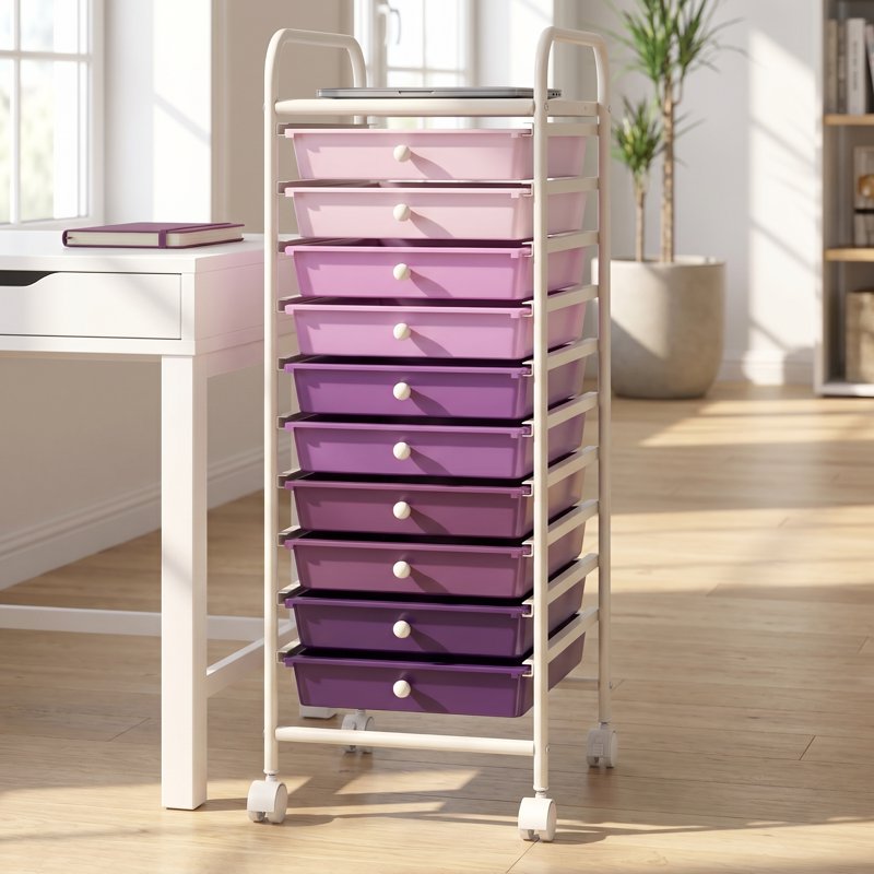 10-Drawer Rolling Storage Cart with Casters - Purple Home & Office Organizer