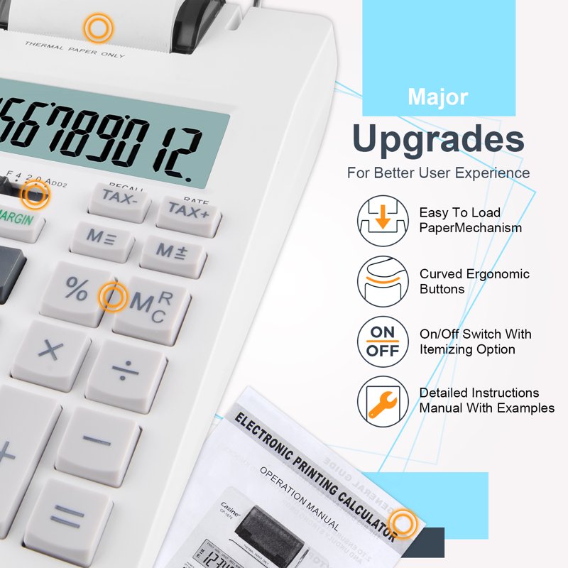 Thermal Printing Calculator with Large LCD, 12-Digit Count, Paper Roll, Type-C Charge