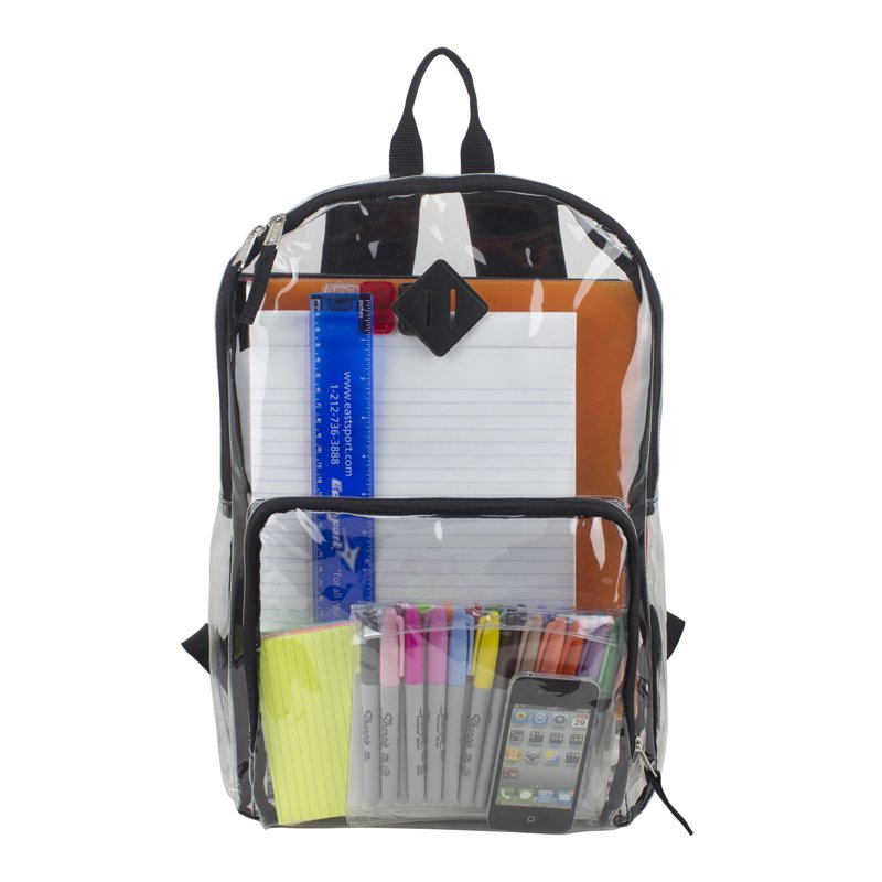 Clear Backpack with Front Pocket & Adjustable Straps - Unisex Travel School Bag