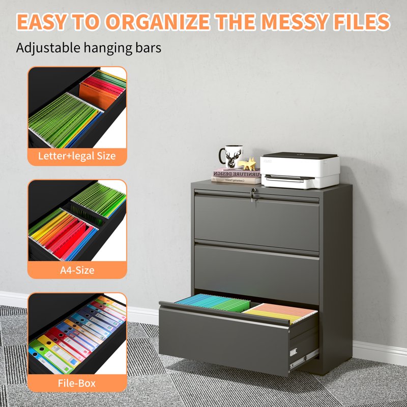 Heavy Duty 3-Drawer Lateral File Cabinet - Metal Locking Storage for Home Office