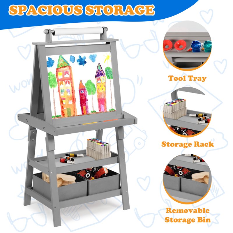 Kids Art Easel with Whiteboard & Chalkboard, Double-Sided Magnetic Surface, Paper Rollers, Gray