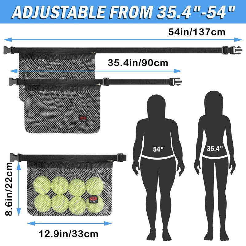 Tennis Ball Holder Waist Bag for 8-10 Balls, Adjustable Pouch - 2 Pack