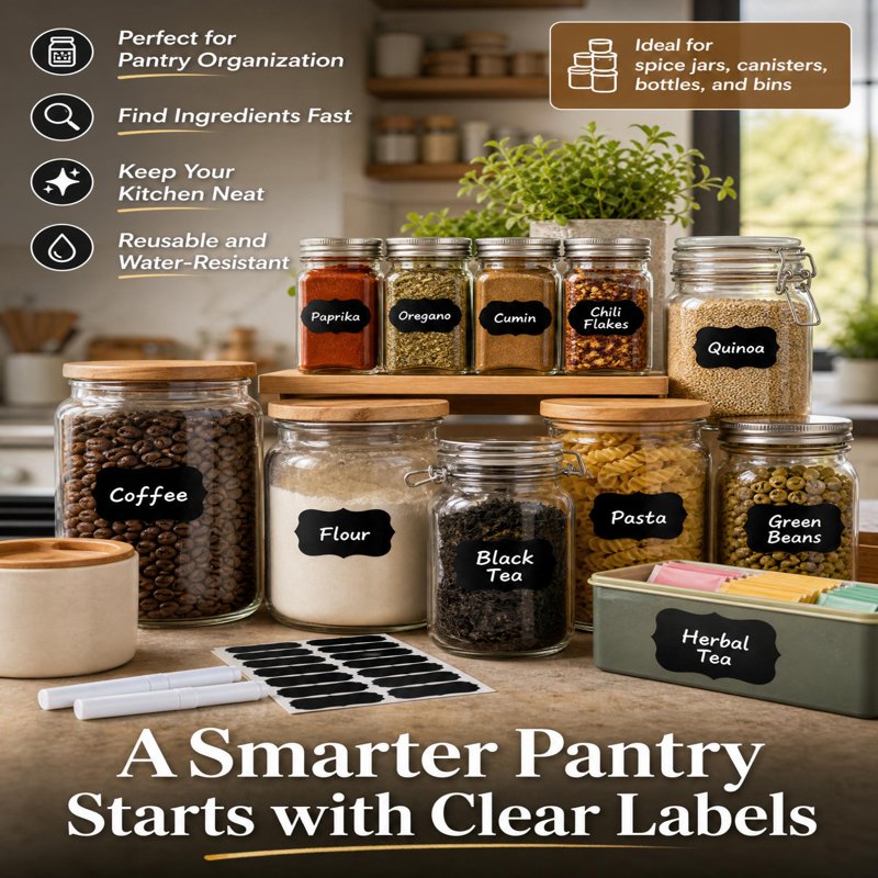 Chalkboard Style Labels Set with Markers - Water-Resistant Rewritable Self-Stick Labels for Pantry & Kitchen Organization - 244 Pieces