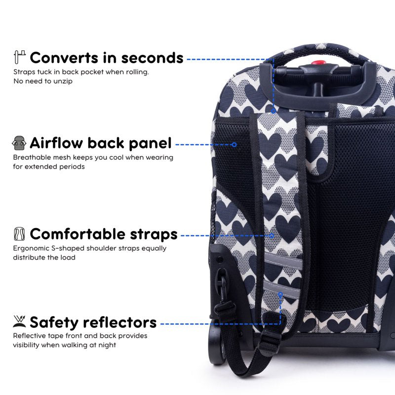 Girls 18-Inch Rolling Backpack for School & Travel with Water Bottle Pockets