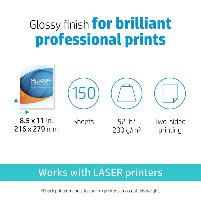 Glossy Laser Printer Paper 200gsm - 150 Sheets, 8.5 x 11 Inch, Heavyweight Office Paper