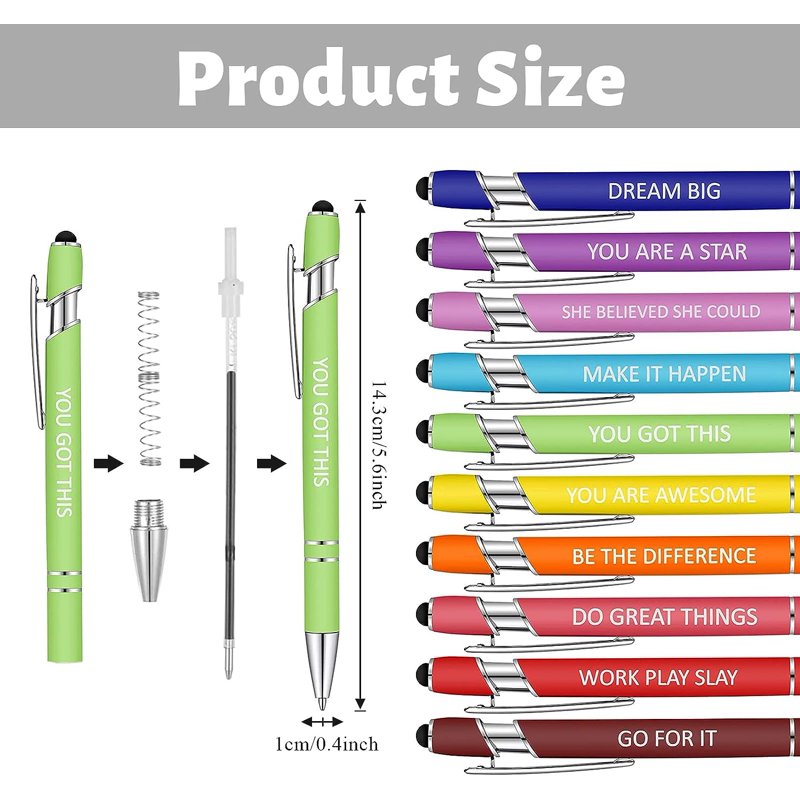 Retractable Ballpoint Pens with Inspirational Quotes & Stylus Tip - Bulk Pack of 10 or 20