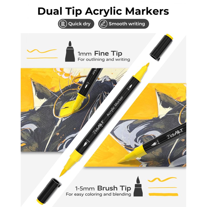 JusArt 24 Colors Dual Tip Acrylic Paint Pens – Black Barrel, Brush & Fine Tip
