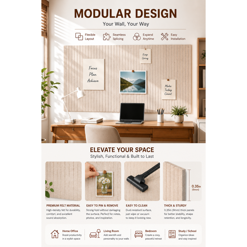 Large Felt Bulletin Board 48x36 in Modular Cork Alternative Wall Pins for Home Office Classroom