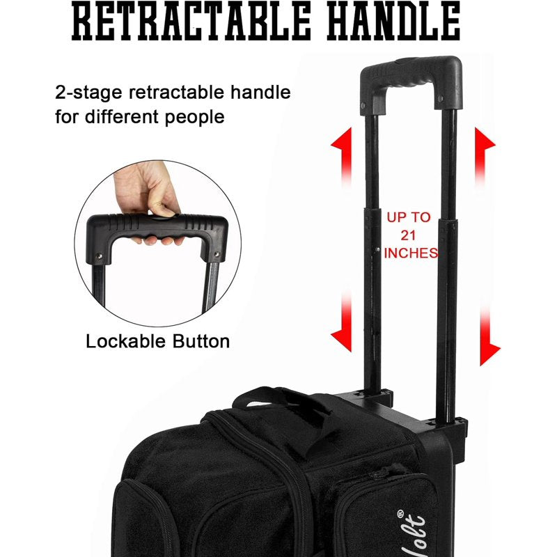 WOLT Black Double Roller Bowling Bag with Retractable Handle - 2 Ball Capacity
