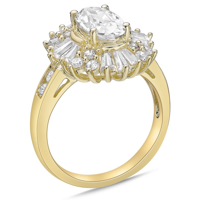 Sterling Silver 14K Gold Plated Pear Shape Baguette Halo Simulated Diamond Cocktail Ring