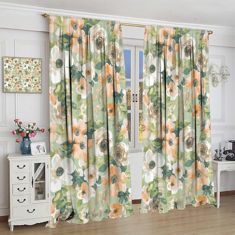 Watercolour Floral Curtain Set - Bohemian Style Room Decor with Sunlight Blocking & Noise Reduction