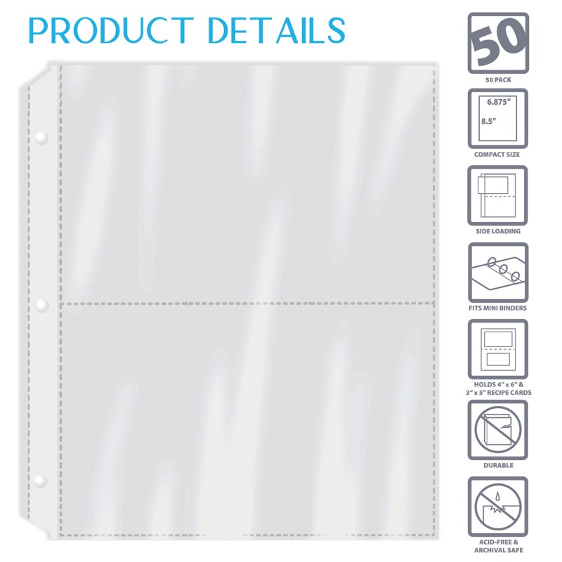 Recipe Card Page Protectors 50 Count - Clear 4x6 Inch Sheets for Binders