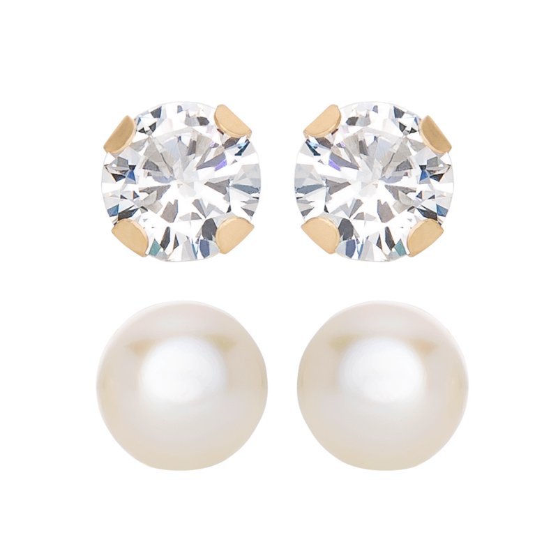 Girls Tween 14K Gold CZ and Pearl Stud Earring Set - Hypoallergenic