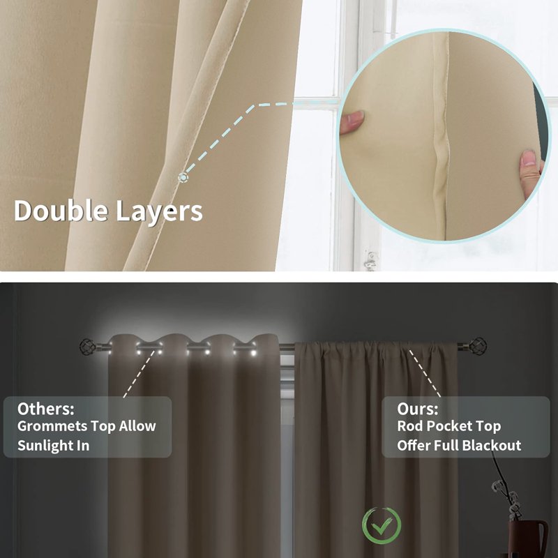 Blackout Curtains 2 Panels Light Blocking Window Drapes for Bedroom & Living Room