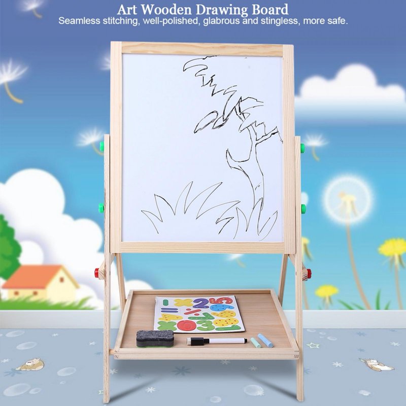 Kids Double-Sided Wooden Easel with Whiteboard & Chalkboard - Adjustable Toddler Art Desk