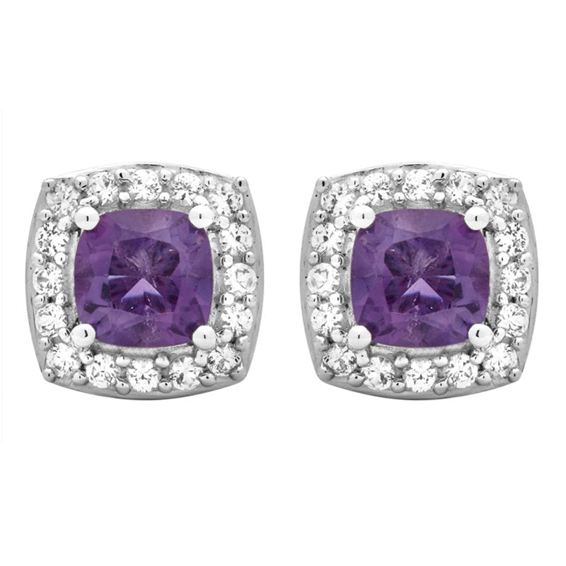 Sterling Silver Halo Stud Earrings with Amethyst and White Sapphire