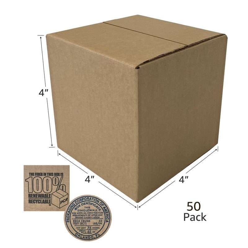 Corrugated Shipping Boxes Pack of 50 - 4x4x4 Inch Cube Cardboard Boxes