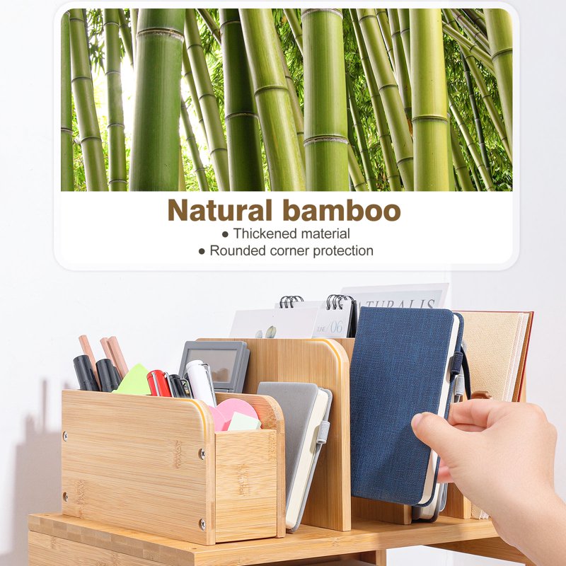 Bamboo Desk Organizer with File Holder & Adjustable Pen Slots – 3-Tier Office Storage