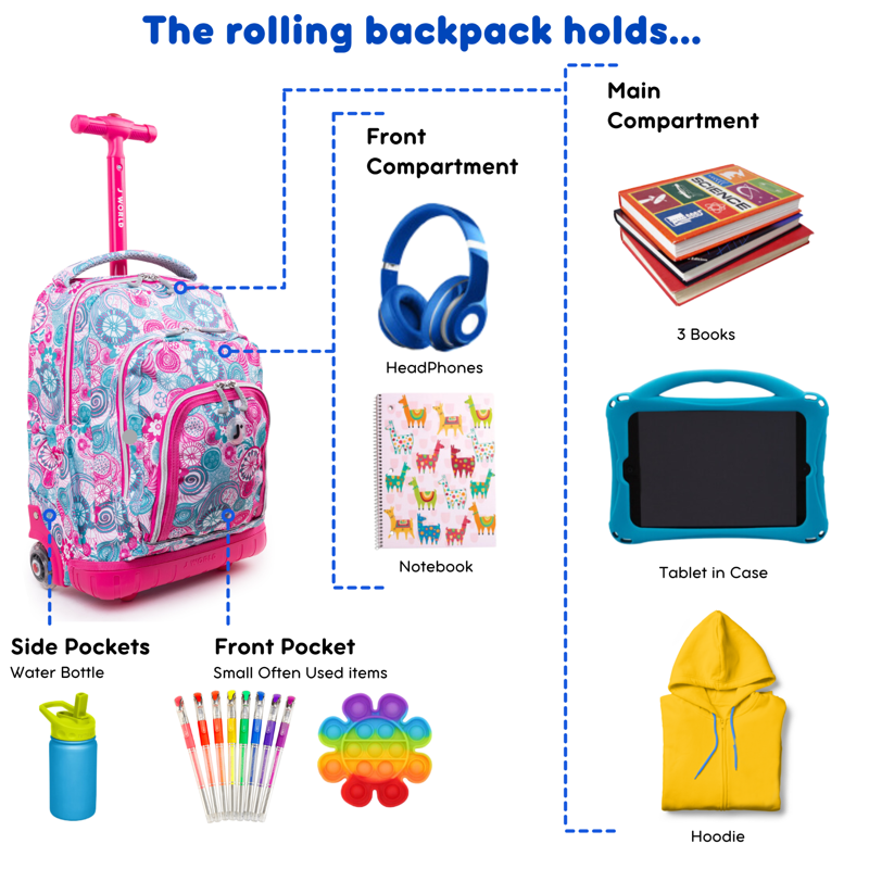 Kids Rolling Backpack with Insulated Lunch Bag - 16 Inch School & Travel Bag, Multiple Colors