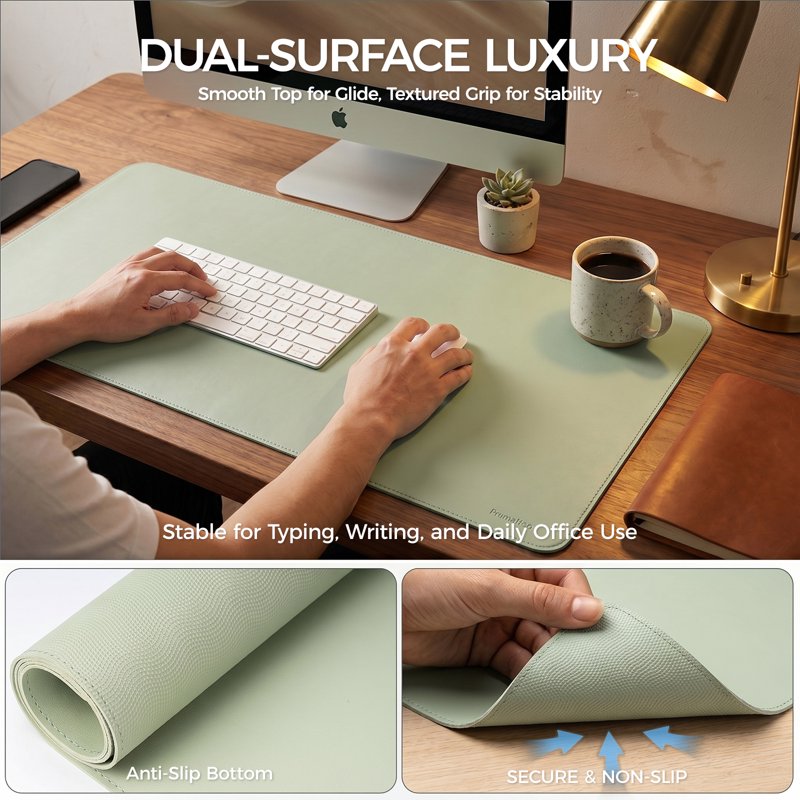 Large Waterproof PU Leather Mouse and Desk Pad Protector, Non-Slip Office & Gaming Surface, Matcha Green, 31.5 x 15.7 inches