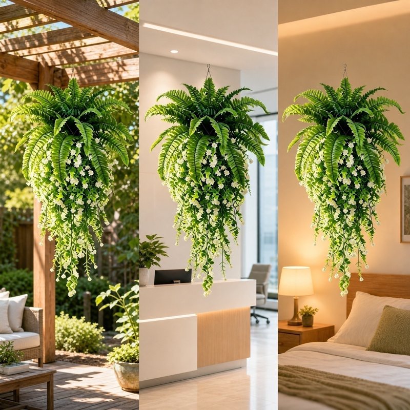 Artificial Hanging Fern Vine with White Flowers - 36 Inch Outdoor Indoor Trailing Plant for Garden Decor