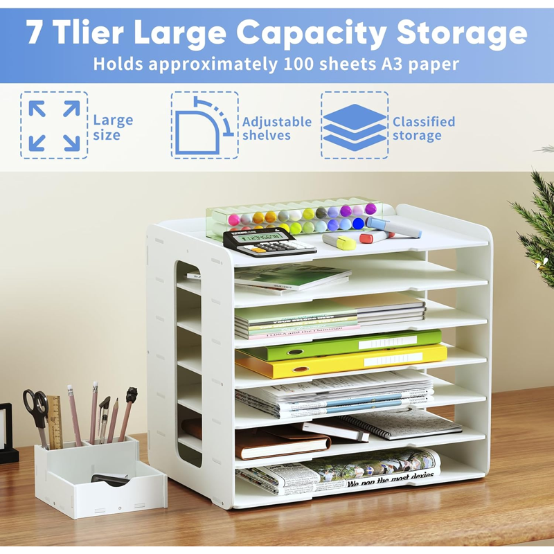 7-Tier Desk File Organizer for A3 Paper - Office & Home Storage