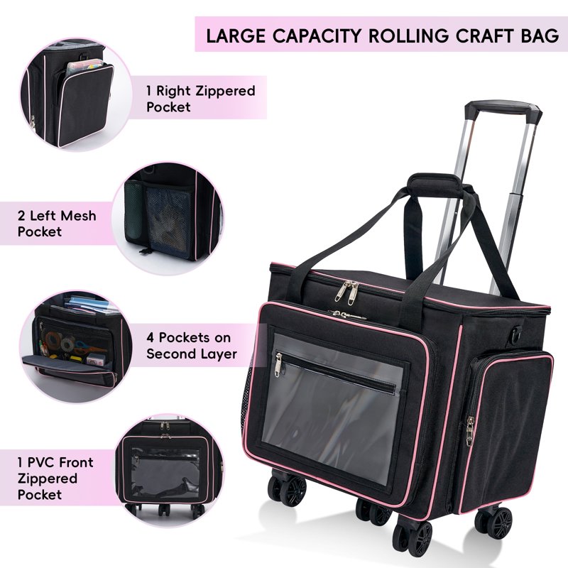Large Rolling Craft Bag with Laptop Compartment & 5-Wheel System - Detachable Dolly